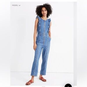 Madewell Ruffle-Sleeve Zip-Front Jumpsuit in Indigo
